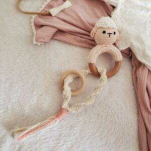 Adorable Cream and Pink Lamb Crochet Rattle